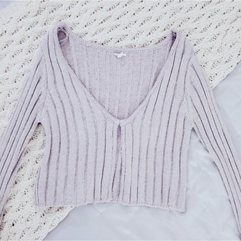 Garage Cotton Knit Ribbed Lilac Cropped Cardigan - Picture 10 of 10